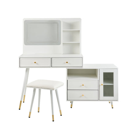 White Expandable Vanity Desk with LED Lighted Mirror, Adjustable Position Side Cabinet, Power Strip & Storage Drawers