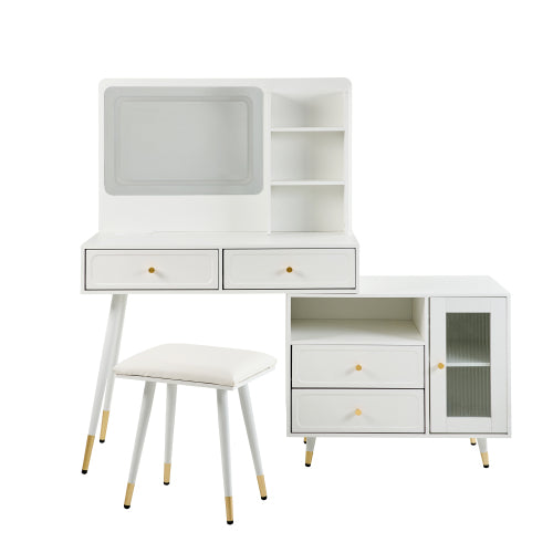White Expandable Vanity Desk with LED Lighted Mirror, Adjustable Position Side Cabinet, Power Strip & Storage Drawers