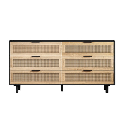59 Inch Black Rattan 6 Drawer Storage Cabinet Dresser for Bedroom Living Room Anti Tip
