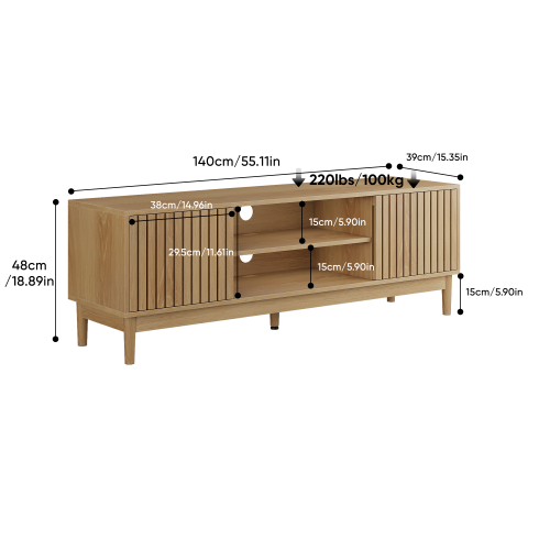 55 Inch Oak Vertical Slat Mid-Century TV Stand Silent Hinge Media Cabinet Fits 65 Inch TV