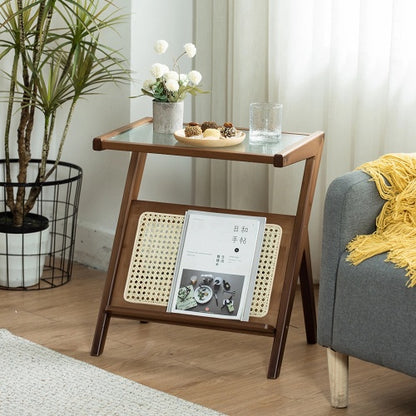 Boho Rattan Bamboo Glass Side Table with Storage, Brown