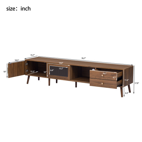 76 Inch Modern TV Stand with Glass Doors Wood Grain Media Console
