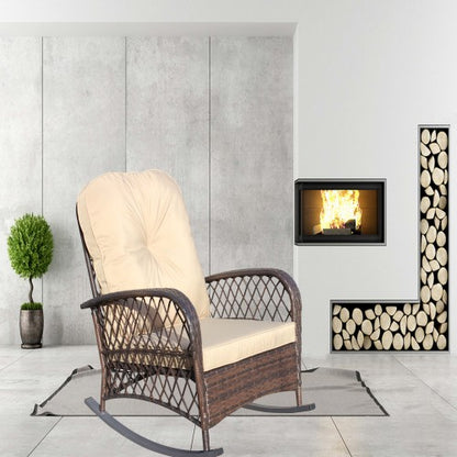Outdoor Wicker Rocking Chair with Wide Seat, Thick, Soft Cushion, Rattan Rocker w/Steel Frame, High Weight Capacity for Patio, Garden, Backyard, Shallow brown Cushion
