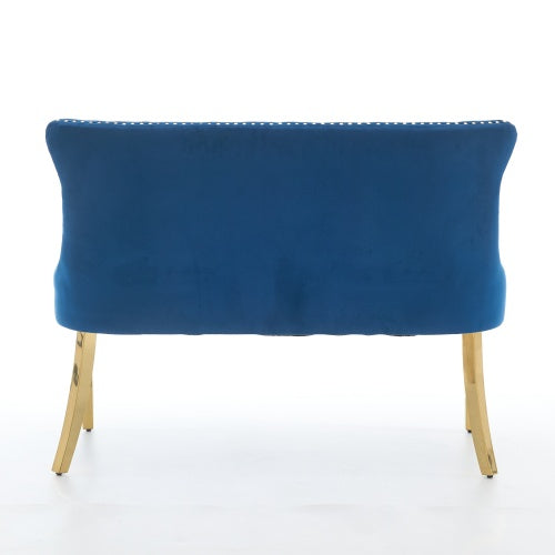 Velvet Double Dining Loveseat Bench, Kitchen & Dining Seating, 2-Seat Tufted Bench w/Handmade Buttons, Wing Back, Gold-Plated Steel Legs, Mid Century Modern,Single Pack,Blue