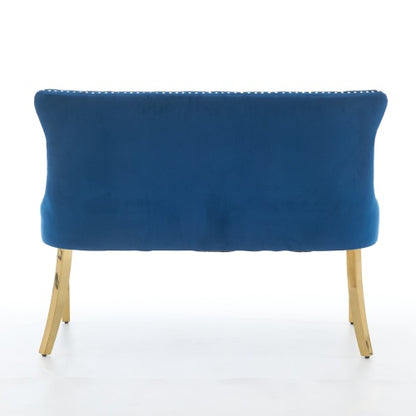 Velvet Double Dining Loveseat Bench, Kitchen & Dining Seating, 2-Seat Tufted Bench w/Handmade Buttons, Wing Back, Gold-Plated Steel Legs, Mid Century Modern,Single Pack,Blue