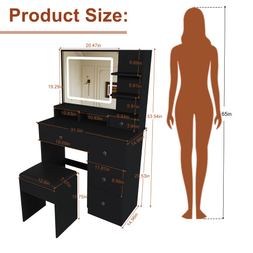 Fashion Vanity Desk w/ 3-Color Dimmable LED Mirror, 4 Silent Sliding Drawers, Open Shelf for Bedroom, Black