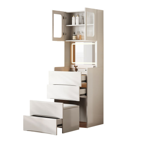 3-in-1 Vanity Table with LED Mirror & Storage Stool, Flip Top Makeup Desk, 5 Storage Spaces, Adjustable Lights, White