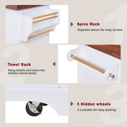 53 Inch Rolling Kitchen Island with Thick Top Drawers & Spice Rack White
