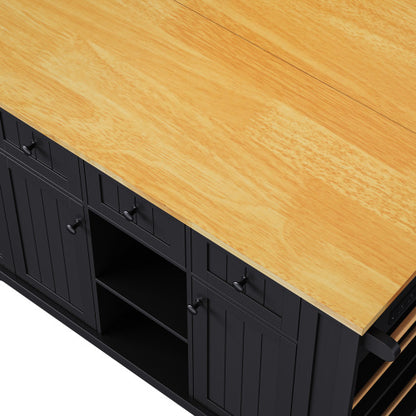 53inch Large Kitchen Island with 2 Bar Stools, Power Outlet,Door Internal Storage Rack, Kitchen Storage Cart on 5 Wheels with Drop Leaf, 5 Open Side Racks, 3 Drawers,Black (Three Packages)