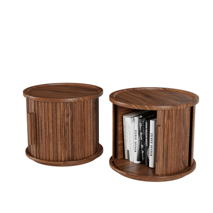 2 Pack Walnut Nesting Round Tables, Fluted Roman Column Design with Sliding Door