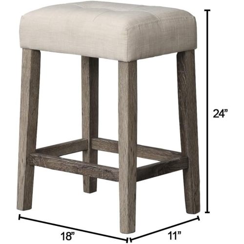 3-Piece Antique Oak Counter Height Dining Set, Solid Wood Table with Outlet & 2 Tufted Linen Stools