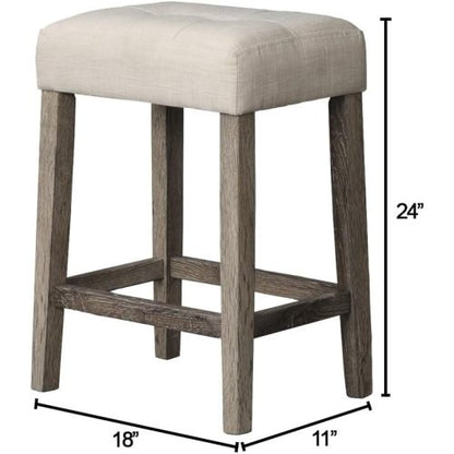 3-Piece Antique Oak Counter Height Dining Set, Solid Wood Table with Outlet & 2 Tufted Linen Stools