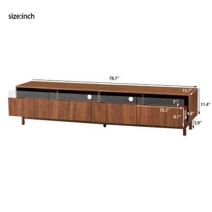 78.7 inch Walnut Fluted Glass Drawer TV Stand Solid Wood Leg Media Console Up To 85 inch TV
