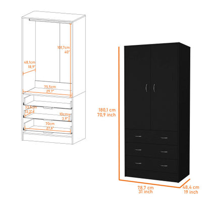 Armoire, with 2 doors, 3 drawers and 1 hanging rod, Black
