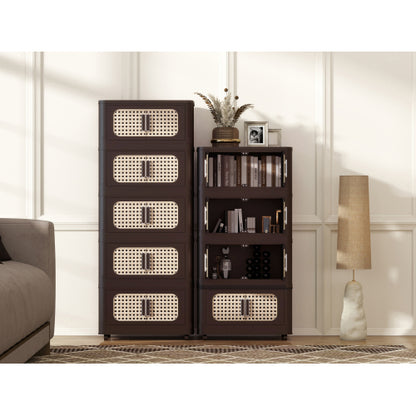 Retro Brown 20 Inch Five-Tier Folding Plastic Storage Cabinet Magnetic Door With Universal Moving Wheels