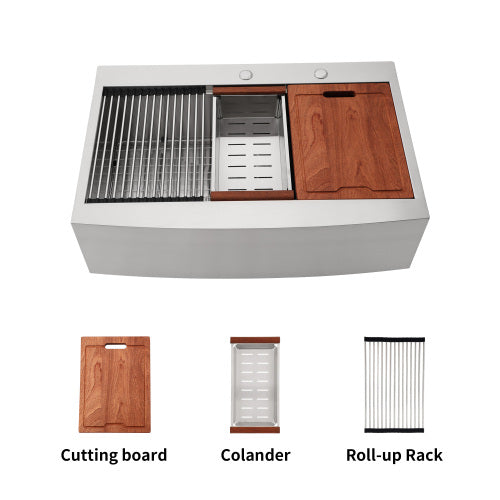 33x22x10"Farmhouse Apron Single Bowl Stainless Steel Kitchen Sink with Workstation