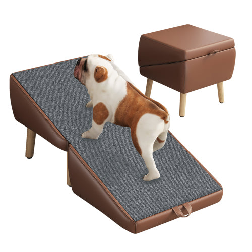 Brown Upgraded 2-in-1 Foldable Wooden Pet Ottoman Dog Ramp, Split Design Pet Steps for Small Dogs & Cats