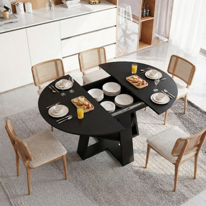 Extendable Round Dining Table for 4-8, Modern Oval Kitchen Table with Storage Shelf, Black