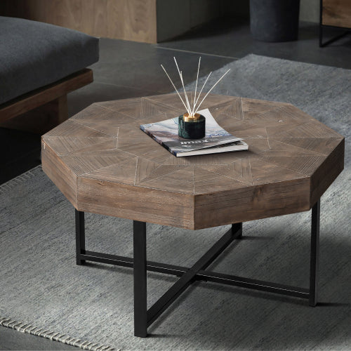 30 Inch Octagonal Patchwork Coffee Table, Antique Brown
