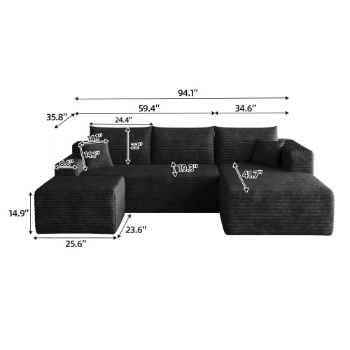95-Inch Black Plush Corduroy U-Shaped Cloud Sectional Sofa with 1 Ottoman, Deep-Seat Corner Couch No-Assembly for Living-Room