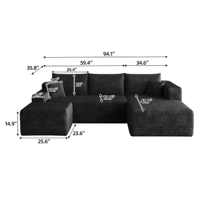 95-Inch Black Plush Corduroy U-Shaped Cloud Sectional Sofa with 1 Ottoman, Deep-Seat Corner Couch No-Assembly for Living-Room