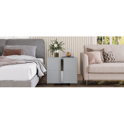 Modern End Table with Drawers, Elegant Nightstand with Metal Foot,Wood Bedside Table with Mirrored Metal Handles,Sofa Side End Table for Bedroom Living Room Office,Grey