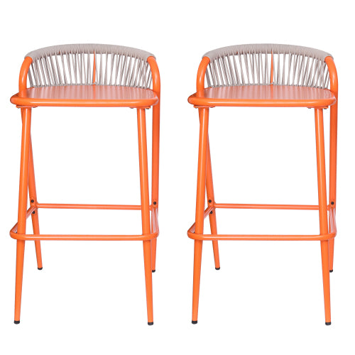 Outdoor 29" Seat Height Aluminum Frame Barstools with Rope-woven Scallop-shaped Backrest, Set of 2, Orange