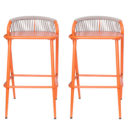 Outdoor 29" Seat Height Aluminum Frame Barstools with Rope-woven Scallop-shaped Backrest, Set of 2, Orange