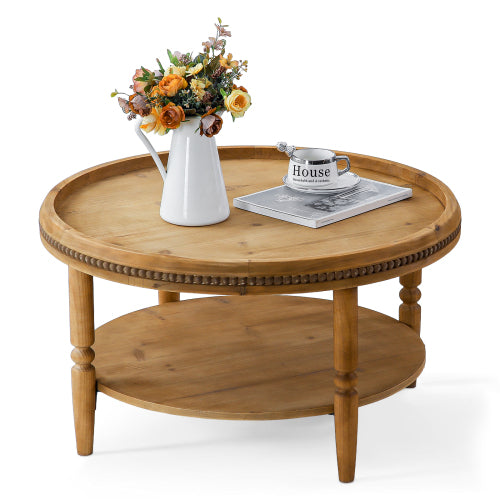31.3inch  Round Boho 2-Tier Coffee Table, Beaded Trim & Curved Solid Wood Legs, Rustic Accent Table