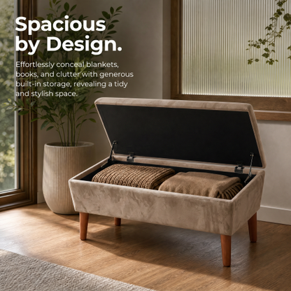 42 Inch Rectangular Linen Ottoman Bench, Solid Wood Tapered Legs, Multi-Use End of Bed & Entryway Shoe Ottoman