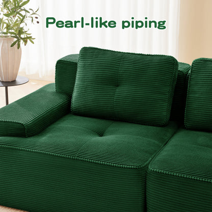 82 inch  Green L-Shaped Corduroy Modular Sofa, Movable Ottoman, No Assembly Required