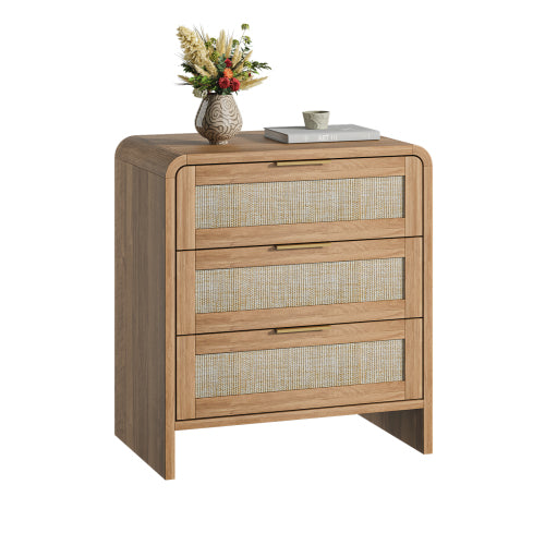 Rattan Nightstand with 3 Drawers, 22.8inch  Wide Curved Wooden Bedside Table, Modern Storage for Bedroom, Caramel Oak.