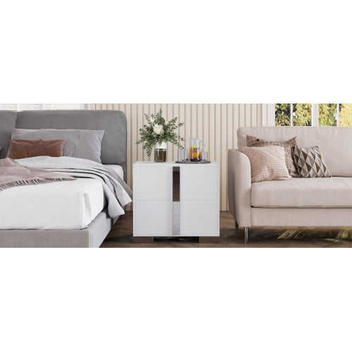 Modern End Table with Drawers, Elegant Nightstand with Metal Foot,Wood Bedside Table with Mirrored Metal Handles,Sofa Side End Table for Bedroom Living Room Office,White
