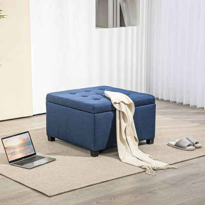 Blue Button Tufted Storage Ottoman with Flip Top, Eucalyptus Wood Frame Square Foot Stool with Safety Metal Hinge