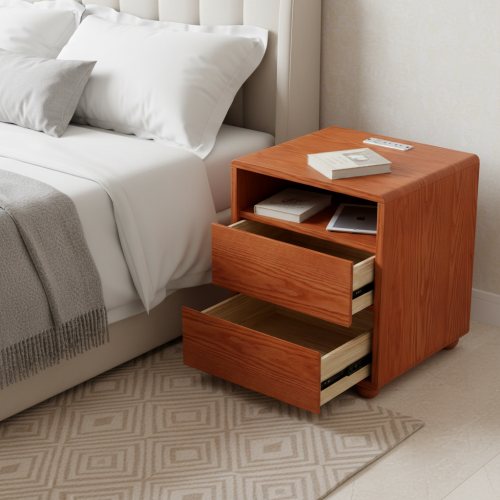 20inch Modern Nightstand with 2 Drawers And Shelves Solid Wood Night Stand with Charger Station Mid Century Bedside Table Curved Wood Side Table-Walnut