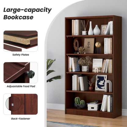 60 Inch Tall 5-Shelf Adjustable Cherry Wood Bedroom Bookcase