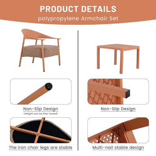 Holiday - Modern 2-Piece Accent Chair Set with Coffee Table – Apricot Brown PP & Steel Frame Sofa Set, Soft Cushioned Seating for Living Room, Lounge, Balcony (2 Chairs + 1 Table)