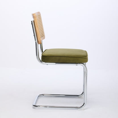 Mid Century Modern Dining Chairs Set of 2, Velvet Accent Chairs with Natural Cane Back and Stainless Chrome Base, Olive Green