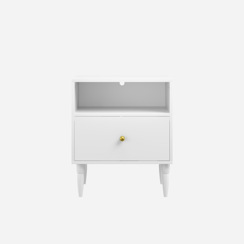 Modern White Nightstand with Drawer and Open Shelf, Bedside Table with Gold Knob, Solid Wood Legs, Small End Table for Bedroom, Living Room
