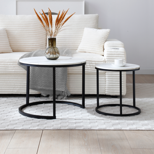 2-Piece Nesting Round Coffee Table, White & Gray Top