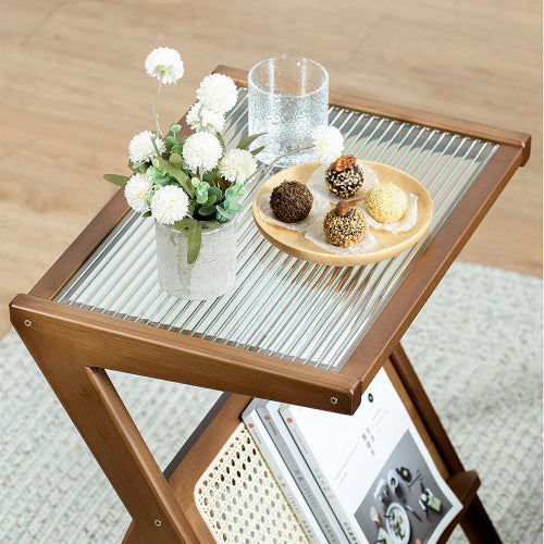 Boho Rattan Bamboo Glass Side Table with Storage, Brown