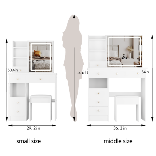 37" Middle Size Left Drawer Desktop Vanity Table + Cushioned Stool, Large Sliding, Touch Control, Tri-color Switching, Brightness Adjust LED Mirror, High Capacity Storage, Suitable for Large Space