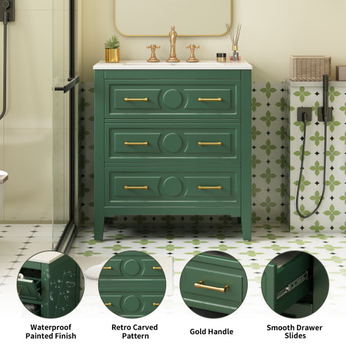 30'' Bathroom Vanity with Ceramic Sink Combo, Free Standing Single Vanity Set with 3 Drawers, Solid Wood Frame Bathroom Storage Cabinet, Green