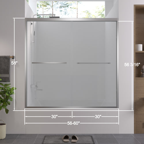 56-60"x58" Aluminum Frame Double Sliding Bathtub Screen, Bypass Bathroom Sliding Door with Premium 1/4" (6mm) Clear Tempered Glass, Chrome Hardware Sliding Glass Shower Enclosure,Chrome Finished