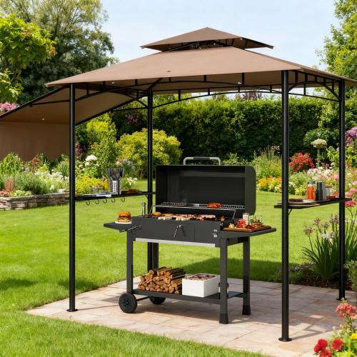Ventilated Barbecue Gazebo Shelter,Outdoor Grill Gazebo,with Side Awning,Side Shelves and Hooks