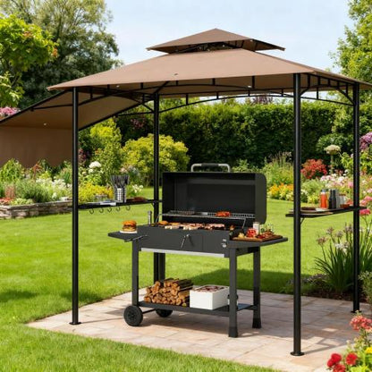 Ventilated Barbecue Gazebo Shelter,Outdoor Grill Gazebo,with Side Awning,Side Shelves and Hooks