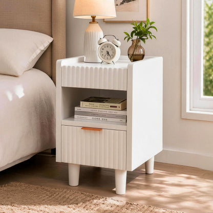 2 Pack White Fluted Nightstand, Integrated Base Bedside Table with Drawer & Open Cubby