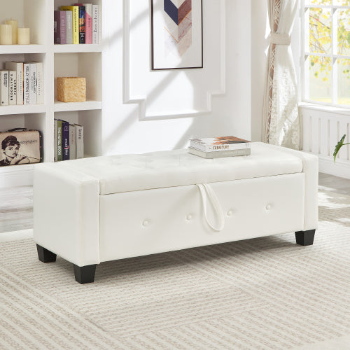 48'' Storage Ottoman Bench Tufted Faux Leather Upholstered Bench Ivory White