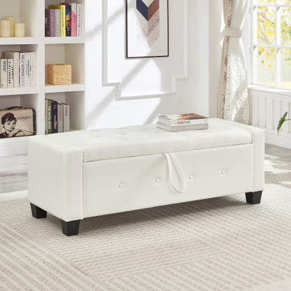 48'' Storage Ottoman Bench Tufted Faux Leather Upholstered Bench Ivory White