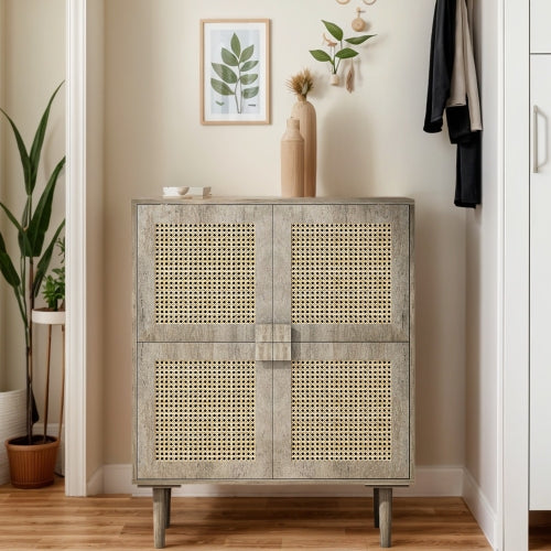 4-Doors Rattan Mesh Storage Cabinet, Sideboard with Eight Storage Spaces, for Entryway, Living Room, Hallway (Grey with Woodgrain)